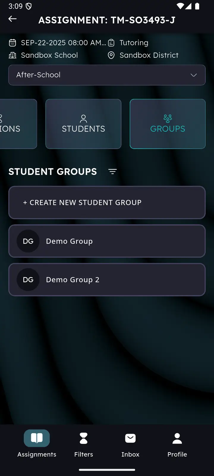 Student groups list showing two saved groups