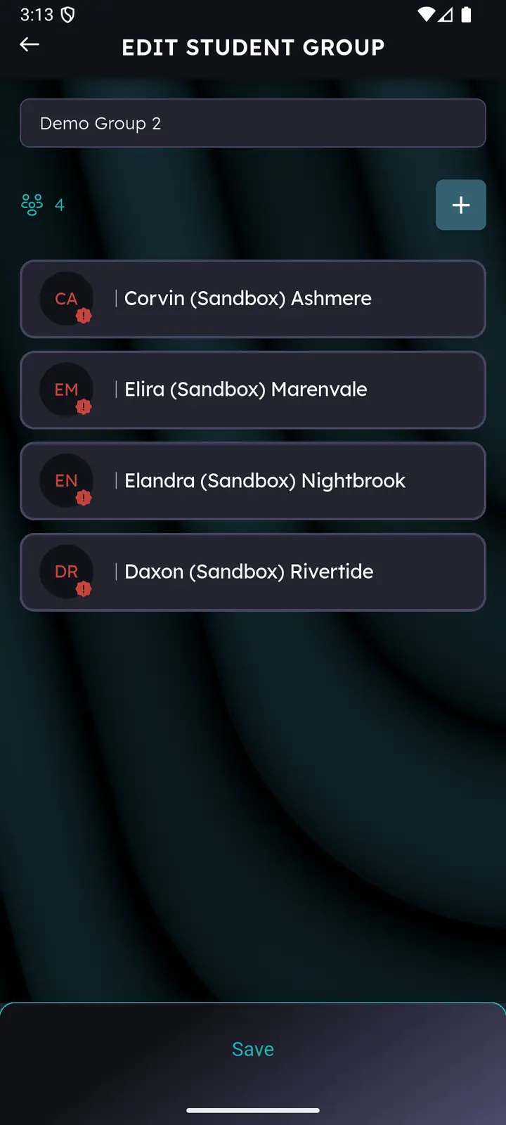 Edit Student Group screen listing four members of the group