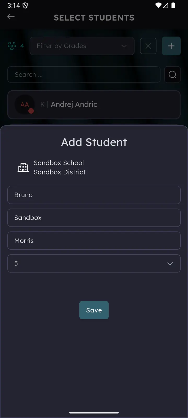 Add Student dialog opened from within Select Students