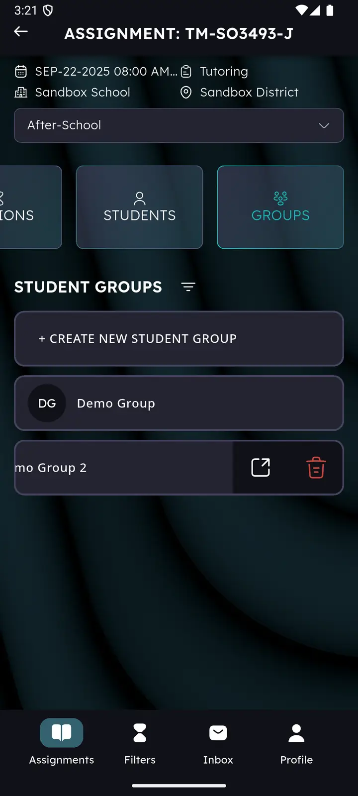 Group card slid open revealing an open icon and a red trash icon