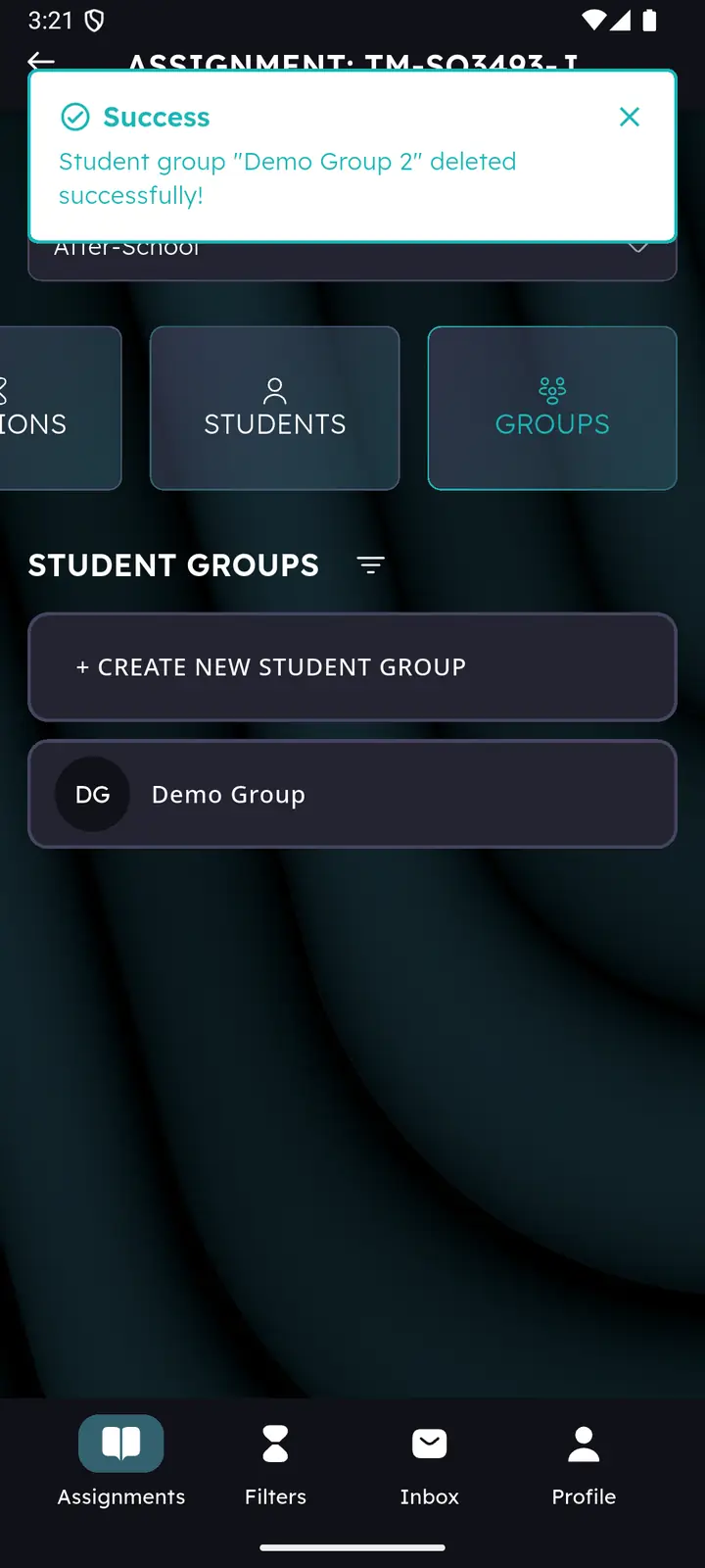 Success banner reading student group deleted successfully