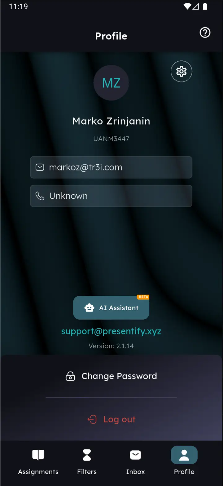 Educator profile screen with name, ID, email, AI Assistant button, version, Change Password and Log out