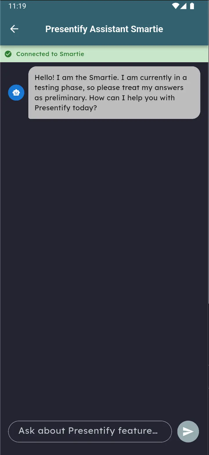 Presentify Assistant Smartie chat screen with a greeting message