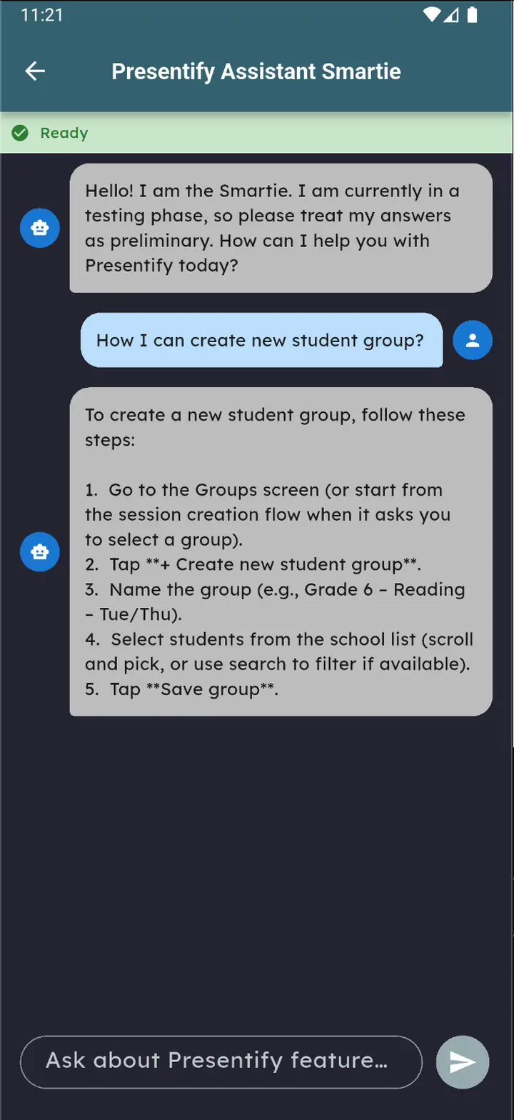 Smartie answering a question about creating a student group with numbered steps